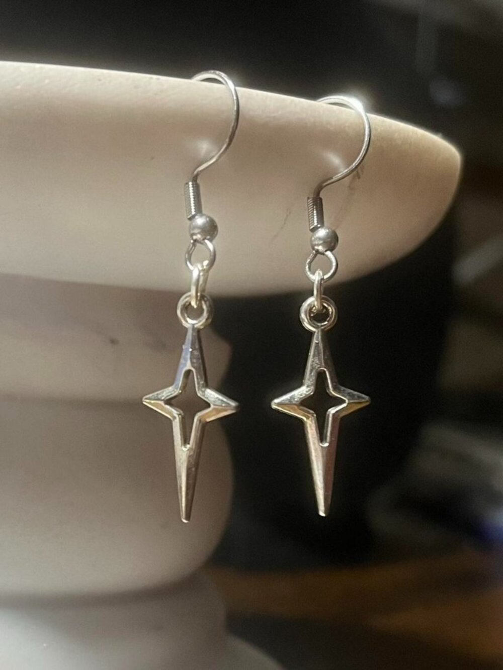 Handmade Silver Starburst Cutout Drop Earrings - Y2K Minimalist North Star Dangl